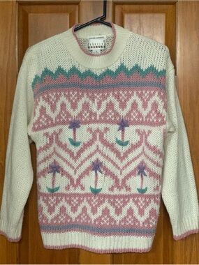 Vintage Carolina Colours Hand Loomed Fair Isle Pastel Floral Knit Sweater